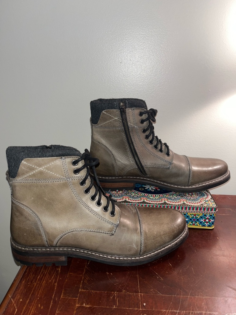 Crevo Olive Grey Camden Leather Lace-Up Boot with Dark Gray Felt Lining